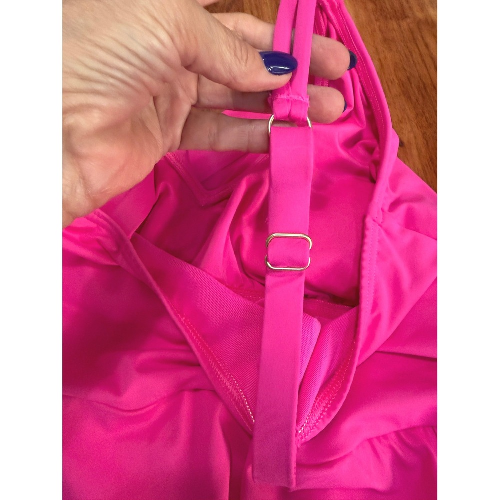 Lands End V Neck Tulip Wrap Swim Dress One Piece Shelf Bra Fuschia LP 14 16 - Picture 11 of 15